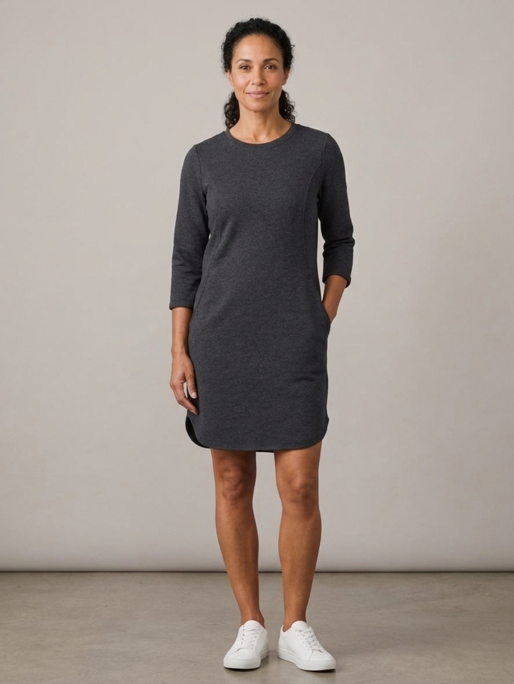 Hyba Crew-Neck French Terry Knit Shift Dress M Grey Pockets Sporty Athleisure